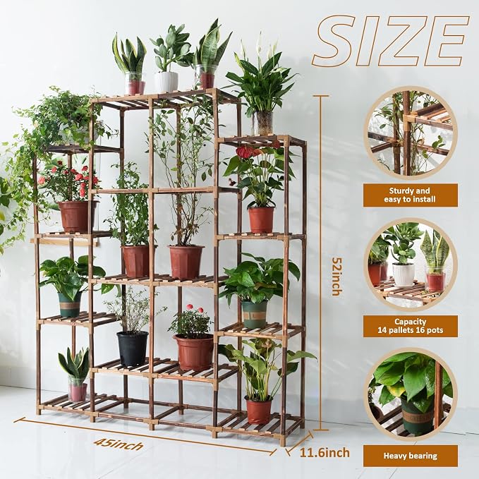 Tall Shelf for Multiple Plants Indoor Outdoor 14 Tiers 16 Pot Holder Large Rack Wood Stand Shelves for Room Corner Balcony Garden Patio