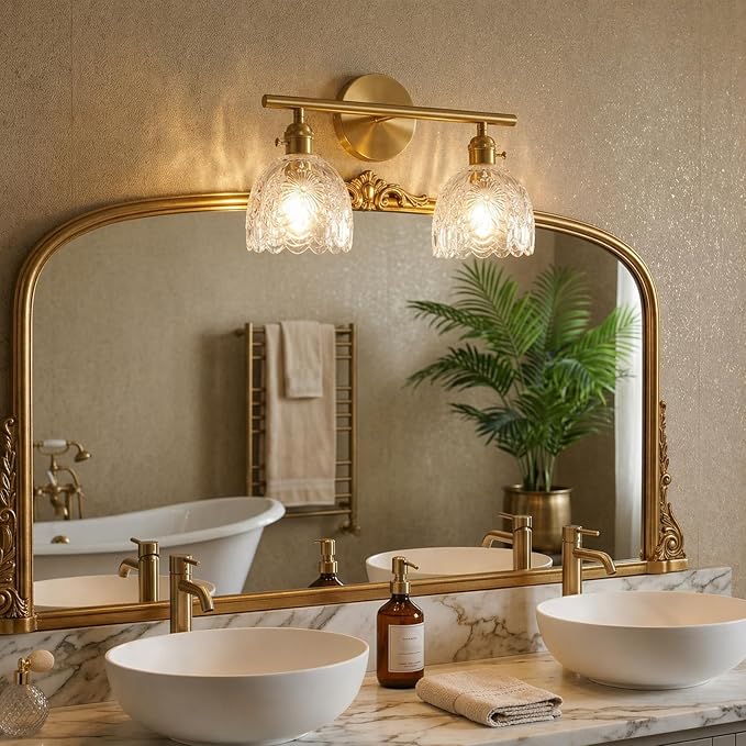Hamilyeah 2-Light Bathroom Vanity Light Over Mirror, Brushed Gold Wall Sconce with Clear Floral Glass Shades, Modern Bathroom Light Fixture for Bedroom, Hallway, Kitchen