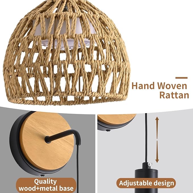 Rattan Wall Sconce, Wall Sconces Set of Two Battery Operated with Remote Control, 3 Colors Dimmable,Boho Upgrade Rechargeable Sconces Set of 2 for Bedroom, Living Room, Entryway (Black)
