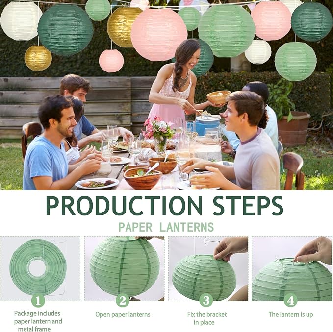 21 Pack Pastel Paper Lanterns, Sage Green Pink Gold Hanging Deco | Round Hanging Assorted Set for Birthday, Graduation, Wedding, Baby Shower, Valentine's Day, Classroom Decor & Photo Backdrop