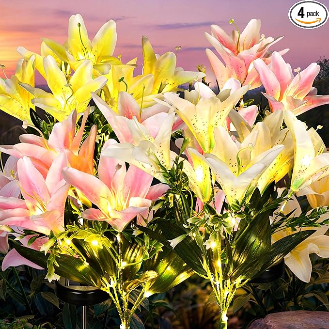 GIGALUMI Solar Garden Lights, 4 Pack LED Lily Solar Flower Lights Outdoor | Garden Decor Carefree Artificial Flowers Lily, 3 Lighting Mode, Yard Decorations, Gardening Gifts (1Yellow, 1White,2Pink)