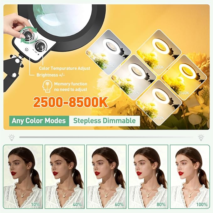 Magnifying Glass with Light, Overhead Knob Magnifier Lamp 12X | 35in Adjustable Arm For Craft Repair Sewing Workbench Close Work, LED Magnifying Light Real Glass Stepless Dimming and Color