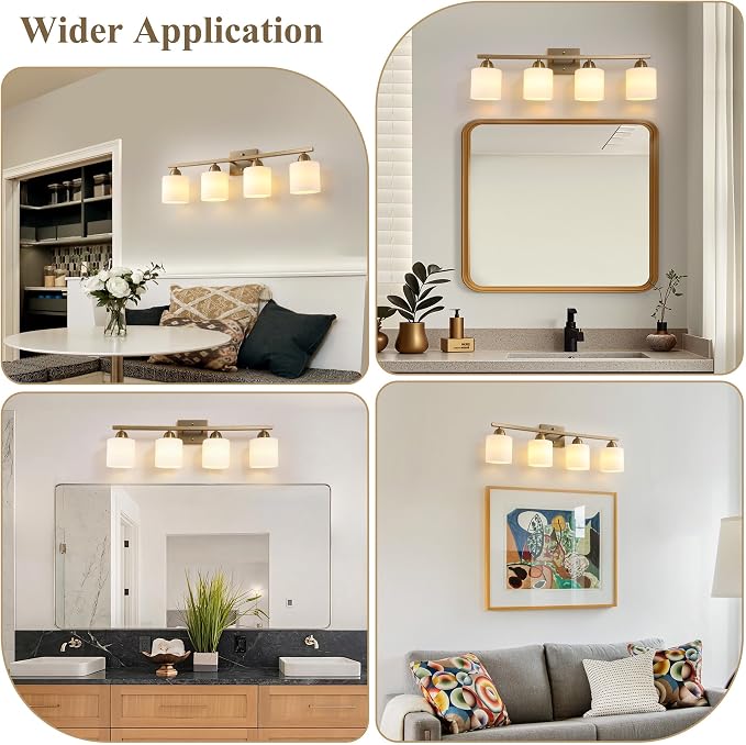 Mecgirn Milk Glass Vanity Lights for Bathroom, 4 Light Brass Bathroom Light Fixtures Over Mirror, Ceramic E26 Sockets Wall Mounted