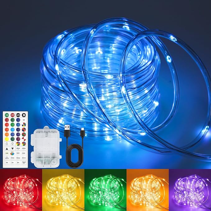 Rope Lights for Outside 39FT 100 LED RGB Battery Operated String Lights | 24 Colors RGB, Color Changing, Waterproof, Remote, String Light Outdoor for Christmas Halloween Party Holiday Wedding Decor