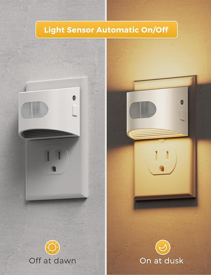 L LOHAS LED Motion Sensor Night Light, Night Lights Plug into Wall, 2 Pack | Nightlight with Dusk to Dawn & Motion Detection Sensor, 30-100Lm Adjustable Brightness, 3000K Warm White, White Housing