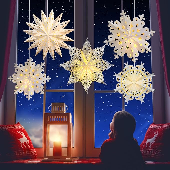 Mudder 5 Pieces Large Christmas Snowflake Paper Lantern with 7 Light 23.6/17.7 Inch Star Paper 3D Hanging Lantern Lamp Party Decoration for Weddings Holiday Xmas Trees(Cute Style,White)