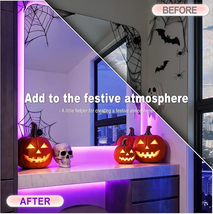 Purple 50 FT LED Lights Strip Indoor Rope Lights | Halloween Decor, LED Rope Lights, Easy DIY Cuttable, For Room Bathroom Living Room Kitchen, Ceiling Wall Vanity Mirror Decor