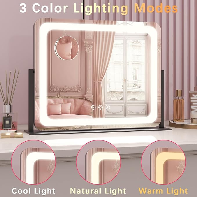 ROLOVE 22x17 Inch Lighted Vanity Mirror with Dimmable LED Lights - 3 Color Modes, Smart Touch Control & 360° Rotating Base - Desk Makeup Mirror (Black)