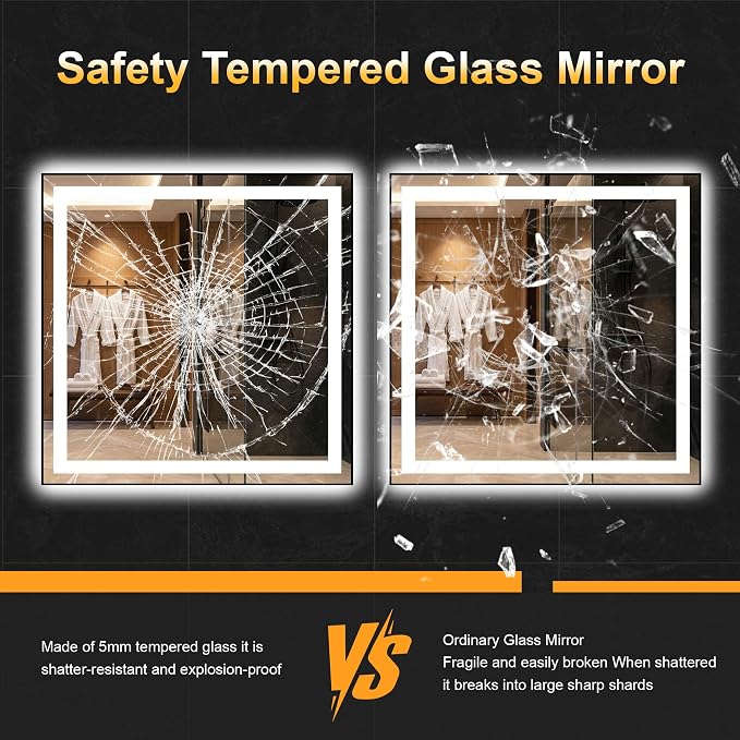 LED Bathroom Mirror with Light, 30x30 Vanity Mirror for Wall with Frame | Anti-Fog, Dimmable 3 Colors, Memory Function, Backlit and Front Lit, Shatter-Proof Glass, Plug-in/Hardwired
