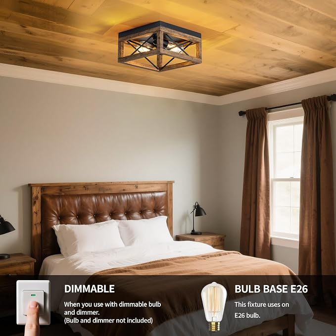 Mayful Black Farmhouse Flush Mount Ceiling Light Fixturet,2-Light Rustic Hallway Light Fixtures with Metal and Wood Design, Industrial Close to Ceiling Light Fixtures for Kitchen Entryway Foyer