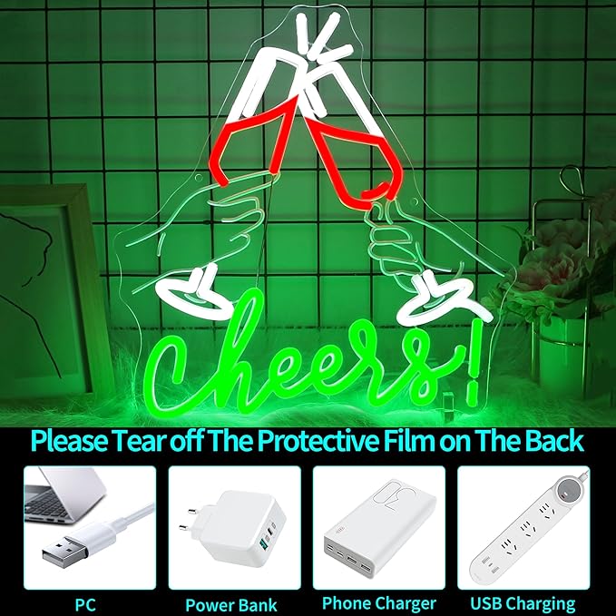 Cheers Neon Sign, JGHTURIE Neon Signs for Wall Decor Green Light up Sign Bar Club Signs for Man Cave Decor USB Powered