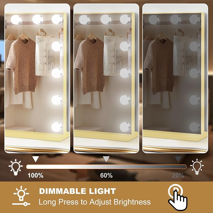 Moonee Vanity Mirror with Lights, Gold Hollywood Lighted Makeup Mirror with 17 Dimmable Bulbs and 10X Magnification, 3 Colors Modes, Aluminum Metal Frame, Light Up Mirror for Tabletop/Wall（26" x 20"）