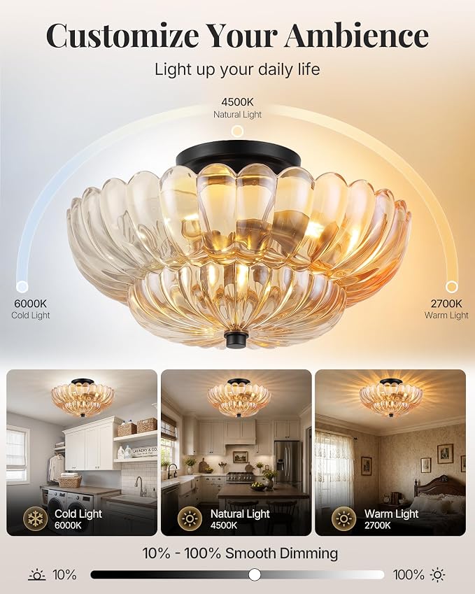 Semi Flush Mount Ceiling Light Fixture 14" Vinatge Black Ceiling Lights Mid Century Modern Glass Close to Ceiling Lighting Fixtures for Bedroom Hallway Kitchen Laundry Room Bathroom Foyer