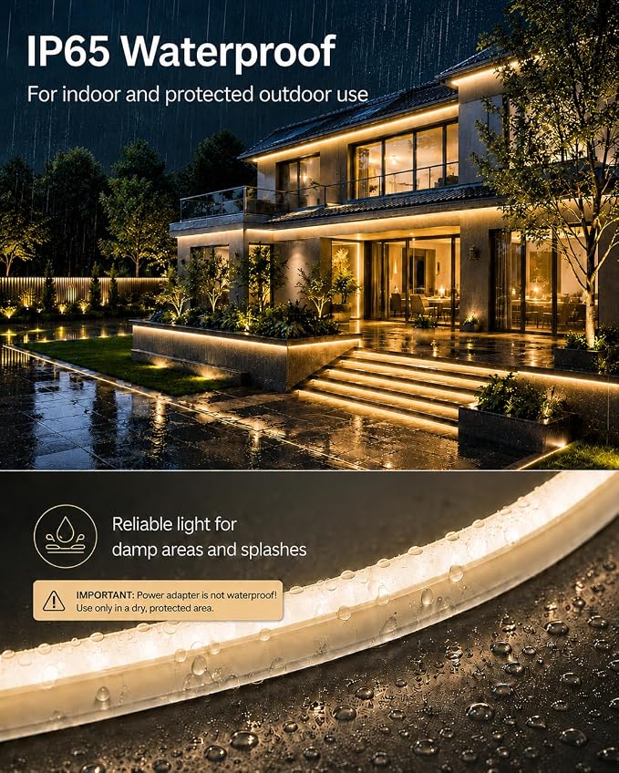Dimmable Warm White LED Neon Rope Light 32.8FT Adapter Included | Flexible Cuttable IP65 Waterproof LED Rope Light for Bedroom, Kitchen, Patio, Indoor Outdoor Decor, DIY Design