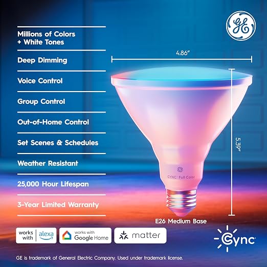 Cync GE PAR38 Color Changing Smart Outdoor Flood Light Bulbs, 4-Pack | Alexa & Google Home compatible, color changing outdoor floodlight, app control, weather-resistant, smart flood light, 4-pack