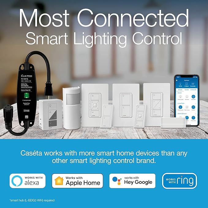 Lutron Caseta Plug-In Smart Lamp Dimmer Switch (Lutron Hub Required), Smart Light Switch Dimmer for Floor & Table Lamps, LED Lights, White (PD-3PCL-WH)