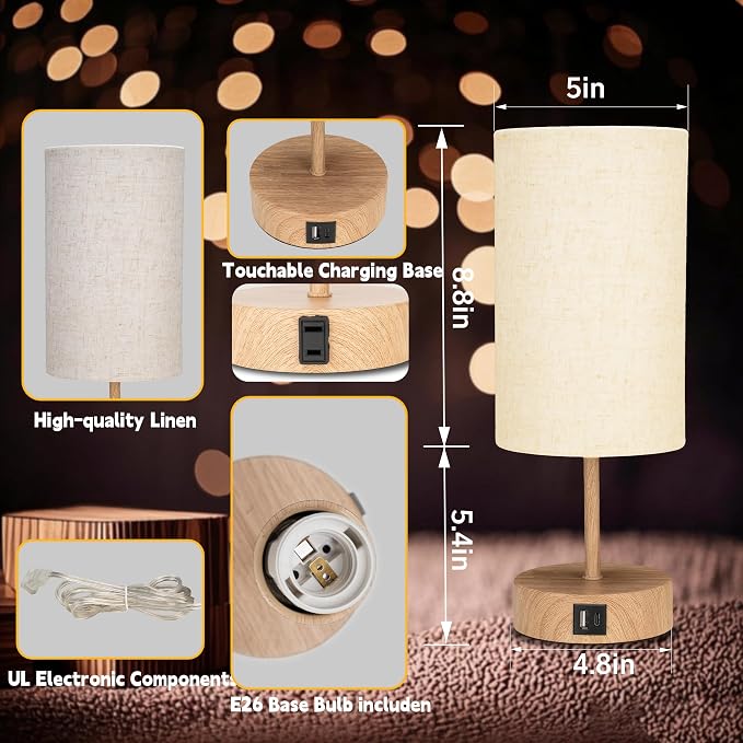 Bedside Table Lamp for Bedroom - 3 Way Dimmable Touch Lamp USB C Charging Ports and AC Outlet, Wood Base Round Flaxen Fabric Shade for Living Room, Desk,E26 Bulb Included