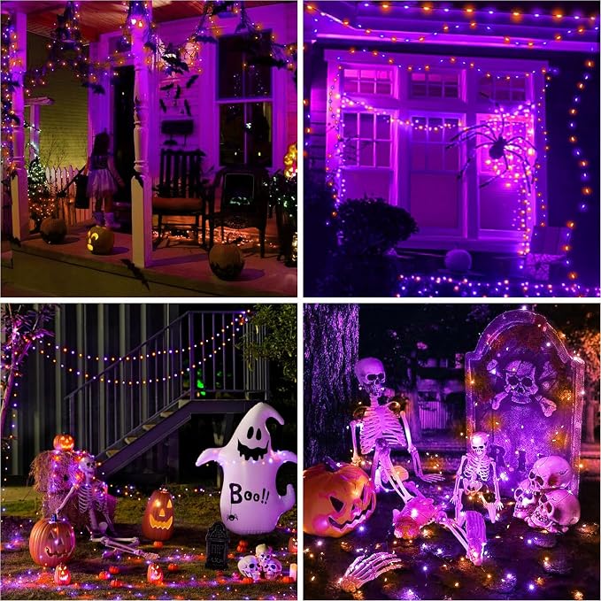 btfarm 2 Pack Solar Halloween String Lights Outdoor, Orange Purple | Total 160LED 66FT Solar Fairy Lights Outside Waterproof, 8 Modes Solar Powered Twinkle for Tree Garden Patio Spooky Decor