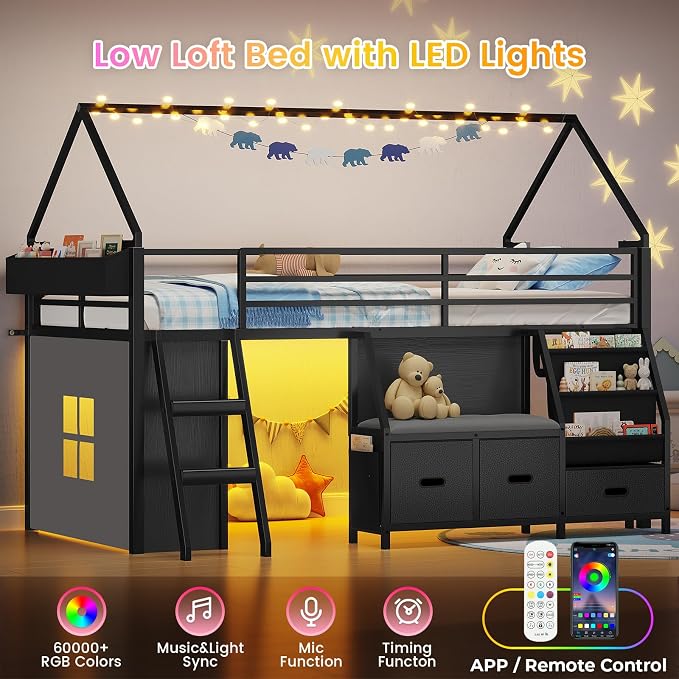 ADORNEVE Low Loft Bed Twin Size with Bookshelf, Reading Nook & 3 Drawers | Kids Loft Bed, LED, Storage Drawers, Beside Box, Under-Bed Play Space,Safety Guardrail, Inclined Ladde, Play Curtain, Black
