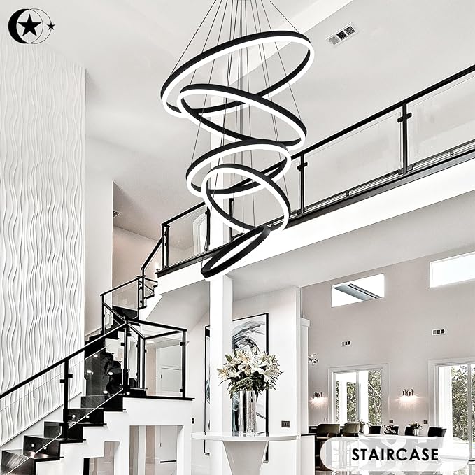 5-Rings Modern LED Chandelier Black Dimmable High Ceiling Chandelier for Dining Room with Remote Control for Foyer Living Room Entryway Staircase(D23.6’’, 3000K-6500K)