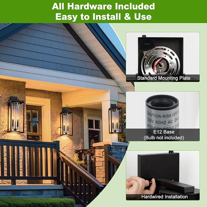 Extra Large 24 Inch Outdoor Wall Lights, Dusk to Dawn Sensor, Black, 2-Pack | IP65 Waterproof, Anti Rust, Tempered Glass, E12, 2-light, Weather-Resistant, Modern, Outside, Porch, Garage and Entryway