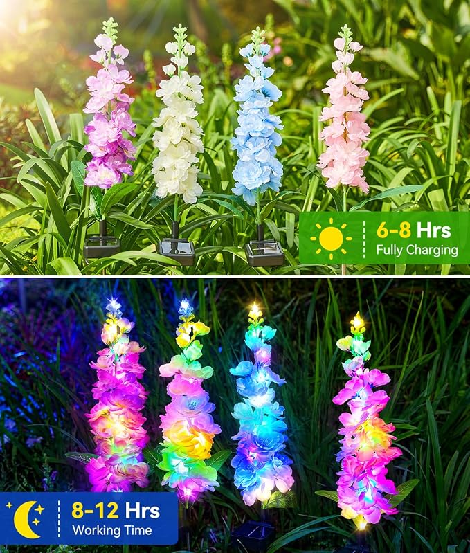 KOOPER Solar Lights Outdoor Garden Decor, 8 Pack Upgraded Delphinium Solar Garden Lights with 72 Colorful LEDs, Vivid Flowers Outdoor Waterproof for Landscape Patio Yard Decor