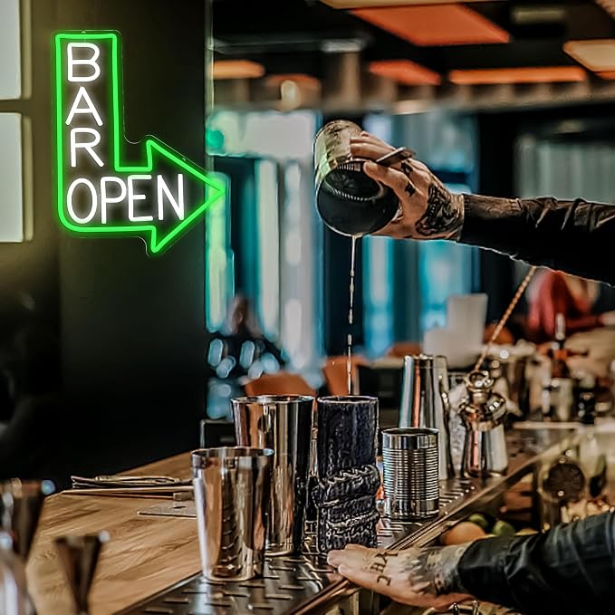 Bar Open Neon Sign for Wall Decor Dimmable Led Open Sign USB Powered Bar Arrow Light Up Sign for Man Cave Karaoke Restaurant Pub Cafe Salon (15.35 * 11.81)