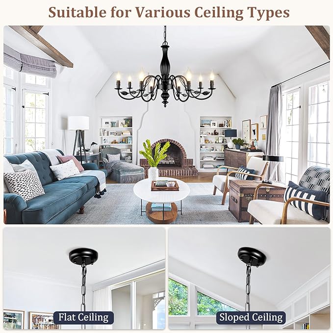 29" Large Black Chandelier for Dining Room, Modern Farmhouse 8-Light Light Fixture Hanging, Industrial Kitchen Lighting Fixtures with Leaf, Vintage Chandeliers Over Table for Bedroom Foyer Living Room