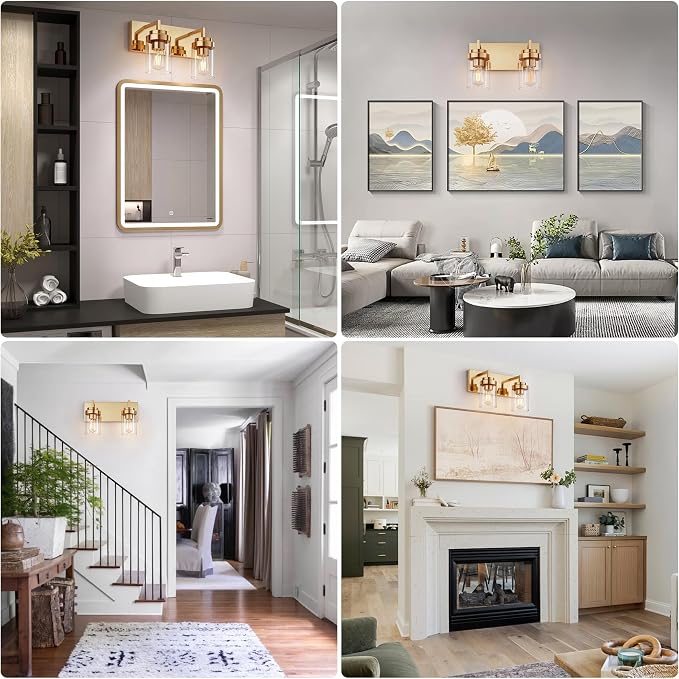 Bathroom Vanity Fixtures, 2 Light Matte Gold Vanity Light with Clear Glass Shade, 15in Farmhouse wall Light, Lighting Fixture Over Mirror for Bathroom