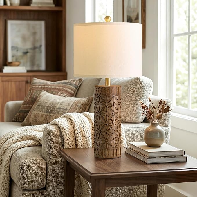 BOBOMOMO 27" Tall Table Lamps Set of 2, Modern Farmhouse Geometric Bedside Lamps, Rustic Wood Grain Resin Nightstand Lamps for Living Room, Bedroom, Entryway, Linen Shade, Cottage Home Decor