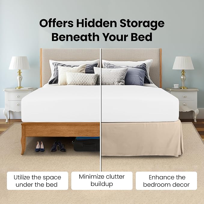King Bed Skirt, Hides Under-Bed Storage 16 Inch Drop, Pleated, Sand | Easy Fit Design, Shrinkage & Fade Resistant, Hotel Style, Microfiber Durable Fabric, Machine Washable