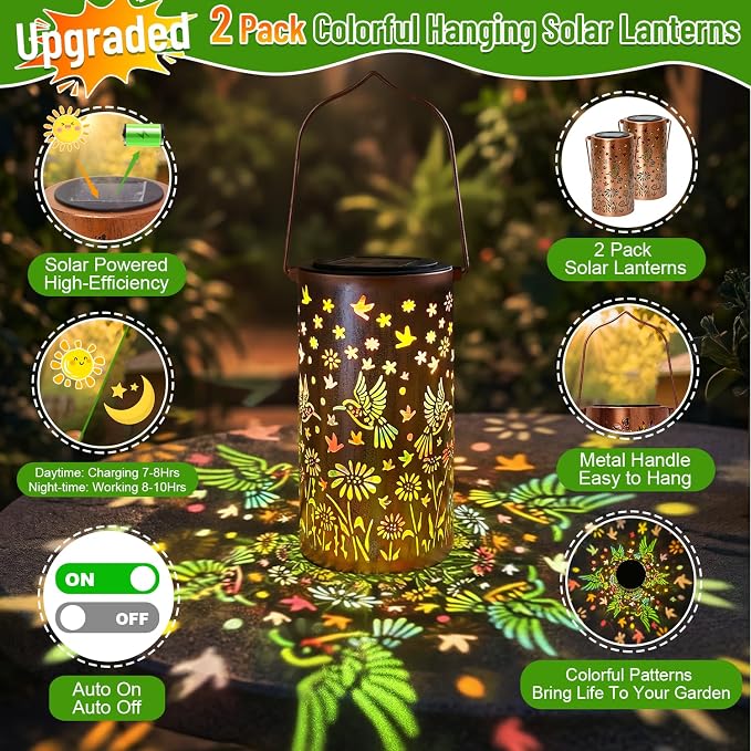 Hummingbird Mmulticolor Solar Lanterns for Outdoor Indoor, Colorful Garden Decor Gifts for Women Mom Grandma Hanging Solar Lights Metal Solar Decoration Outside for Yard, Patio, Backyard, Porch