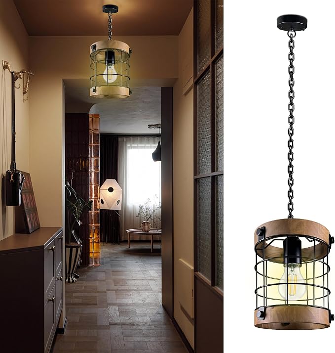 Farmhouse Pendant Light Fixtures, Wood & Metal, E26 Max 60W | Rustic Hanging Lamp for Kitchen, Sink, Entryway – Adjustable 47.2" Pipe, Sloped Ceiling Compatible, LED/Incandescent