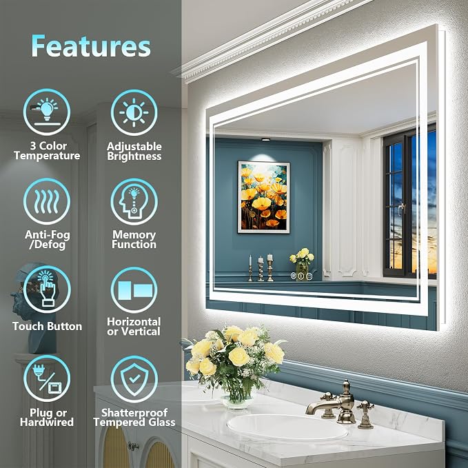 55x30 LED Bathroom Mirror, Backlit & Front Lit Lighted Mirror | Anti-Fog Vanity Mirror with Lights, 3 Color Dimmable, Memory, Shatterproof, Tempered Glass, CRI95, UL Listed, Wall Mounted