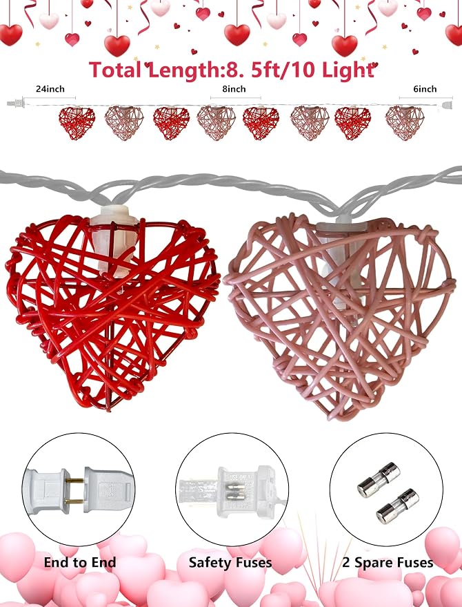 8.5ft Valentine’s Day Heart String Lights Plug in, Valentines Decoration | 10 LED Red White Shatterproof Vintage Rattan, Indoor Fairy Lights for Home Decor Wedding Outdoor Party, Warm White