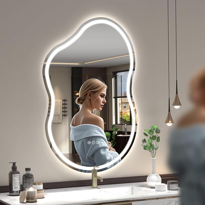 SMIROR 48x26 Irregular Led Lighted Bathroom Vanity Mirror | Asymmetrical, Cloud Shape, Front lighted + Backlit, Anti-Fog, 3 Colors, Dimmable, Memory, Tempered Glass, UL