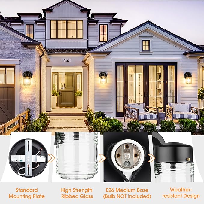 Outdoor Wall Light Jelly Jar Shape, Front Porch Lighting, 2 Pack | Waterproof, Anti-Rust, Clear Ribbed Glass, Exterior Wall Mount Lights, Front Porch Light, Outside Patio Sconce Entryway