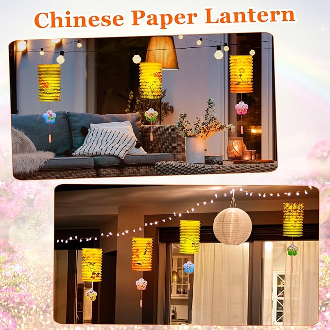 24 Pcs Paper Lanterns Chinese New Year Decorations Flower Bird Colorful Japanese Lantern Lamp 12 Styles for 2026 Chinese Lunar New Year Spring Festival Decorations