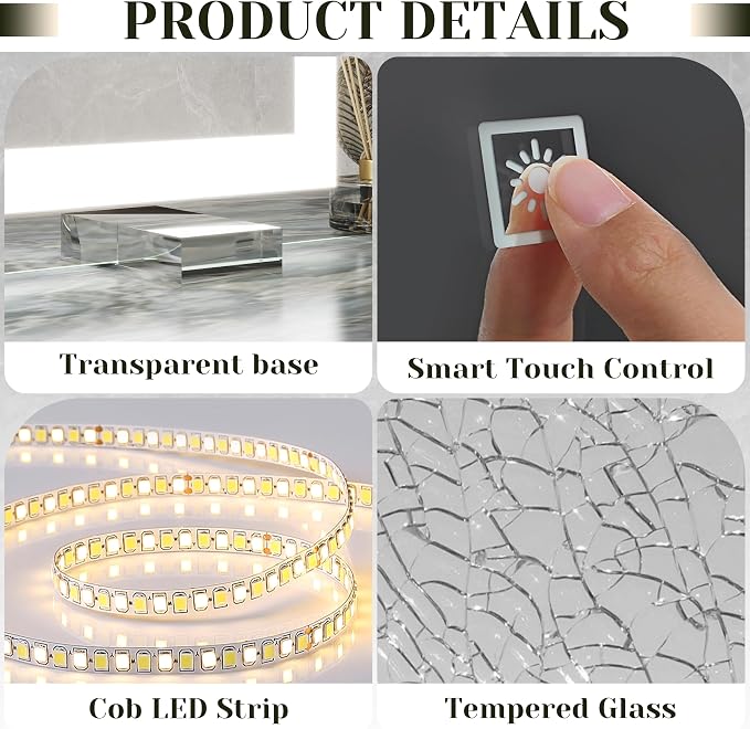 ROLOVE 32x22 Lighted Vanity Mirror, Wall-Mounted, Detachable 10X Magnifier | LED Makeup Mirror, 3 Color Modes, Stepless Dimming, Touch Control, Plug-In Design, Tabletop Use, Even Lighting