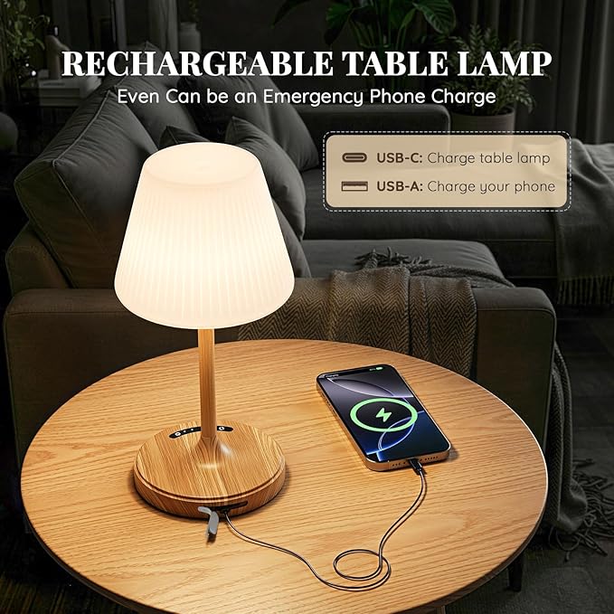 Cordless Table Lamp, Waterproof Shower Lamp, 4000mAh Rechargeable Table Lamps, 3-Color Dimmable Touch Light, Battery Operated Lamp Small Night Desk Lamp for Bathroom Kitchen Bedroom Patio (Wood Grain)