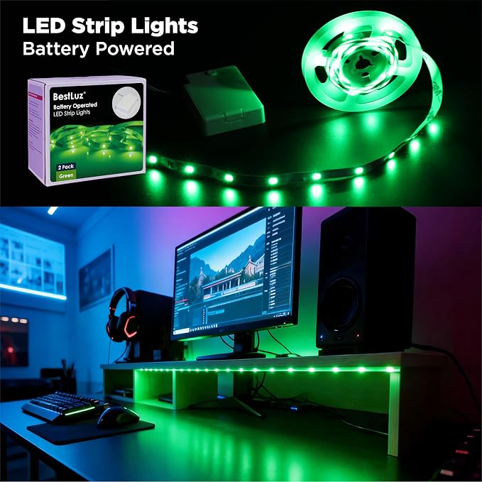 Battery Powered LED Strip Lights 2X 3.33ft Flexible Green Light Strip for Bedroom Room Decor, Lighting for Cabinet Shelf Closet TV Backlight