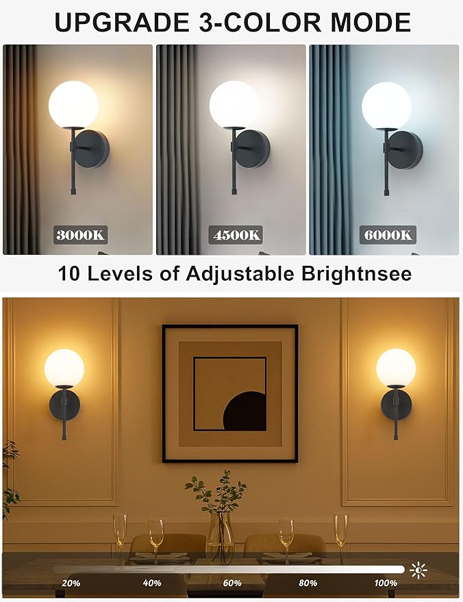 Battery Operated Wall Sconces Set of 2, Glass Globe Wireless Lights with Remote & Touch Control, Rechargeable Matte Black Sconce, 3 Color Dimmable Ambient Lighting for Bedroom Living Room
