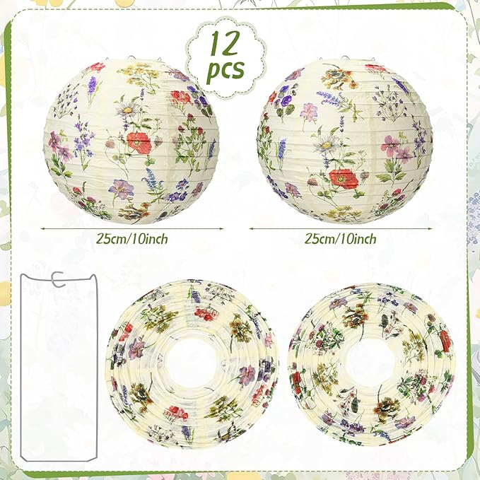 Honoson 12 Pcs Floral Paper Lanterns Tea Party Decorations Flower Wildflower Spring Birthday Party Decoration Flower 10 Inch Hanging Round Paper Lanterns for Wedding Bridal Shower Baby Shower Decor