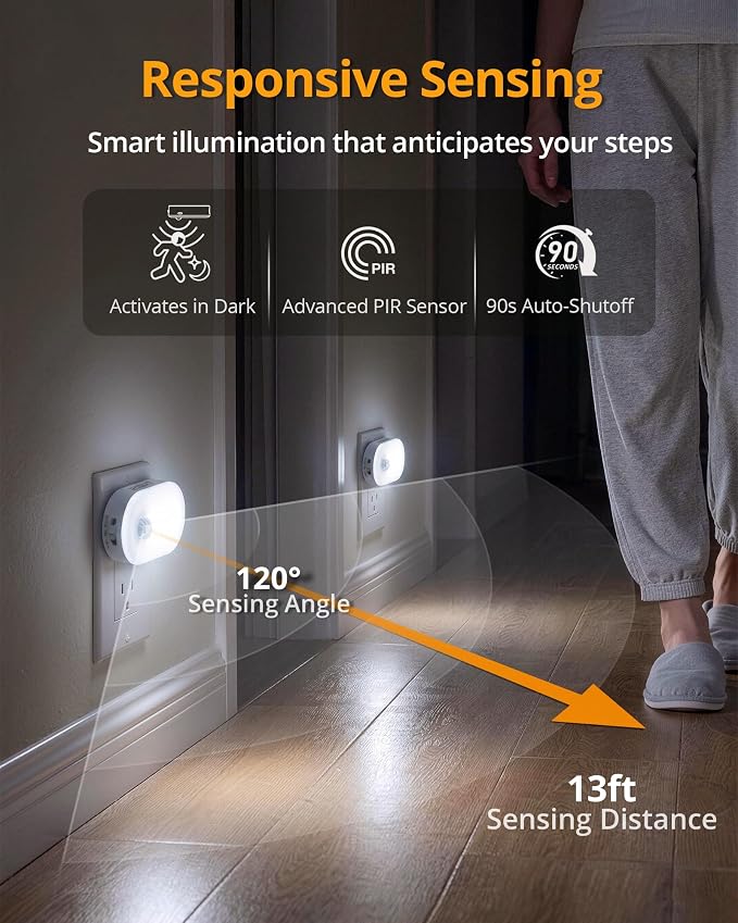120LM Ultra Bright Plug-in Motion Sensor Night Light, Stepless Dimmable LED Nightlight, Always-On and Auto-Off, for Hallway, Stairs, Bathroom, Bedroom, Garage, Cool White (6-Pack)
