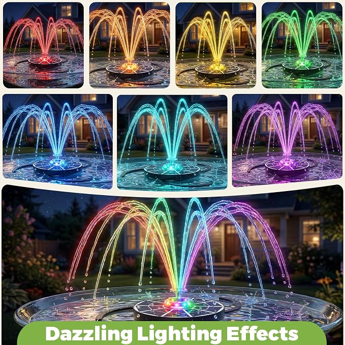 AISITIN 4W Solar Bird Bath Fountain with Lights, Rechargeable Floating Solar Water Pump with 2200mAh Battery & Upgraded Glass Panel, 2026 LED Outdoor Fountain for Garden, Pond, Pool & Patio