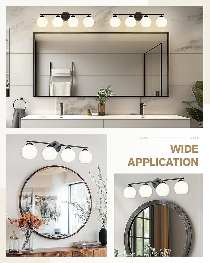 Emak 29 Inch Black Vanity Light with Milk Glass Shade, Farmhouse Globe Bathroom Light Fixtures Over Mirror, Modern 4-Light Bathroom Vanity Light, VL114-BK-ML-4