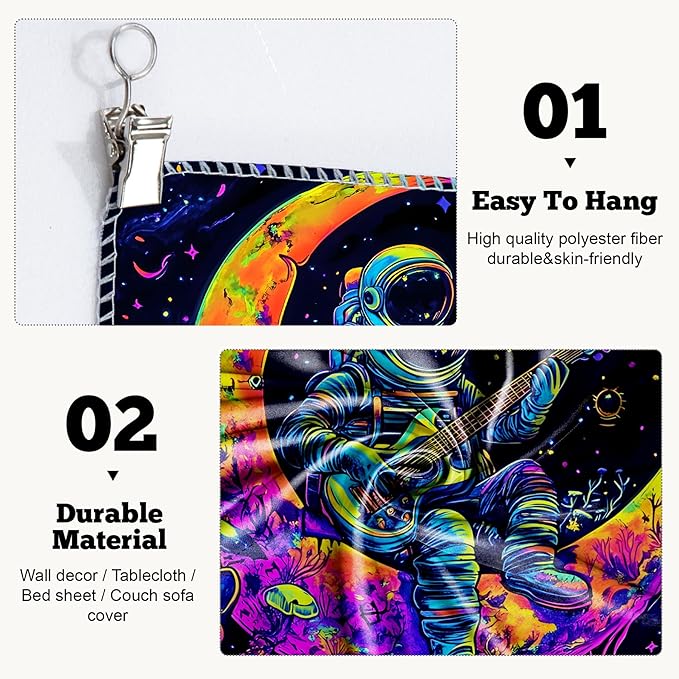 BVBOX Blacklight Space Astronaut Tapestry UV Reactive Galaxy Planet Glow in Dark Tapestries Black Light Poster Neon Wall Hanging Art for bedroom Living Room (Astronaut & Guitar-3M)