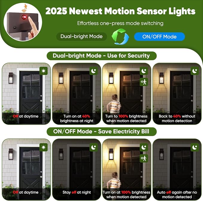 2-Pack 13” Upgraded Motion Sensor Outdoor Wall Lights, Brown | Auto ON/OFF, 3 Lighting Modes, Waterproof, Rust-Resistant, Durable Metal & Clear Glass, Standard E26 Sockets, Easy to Install