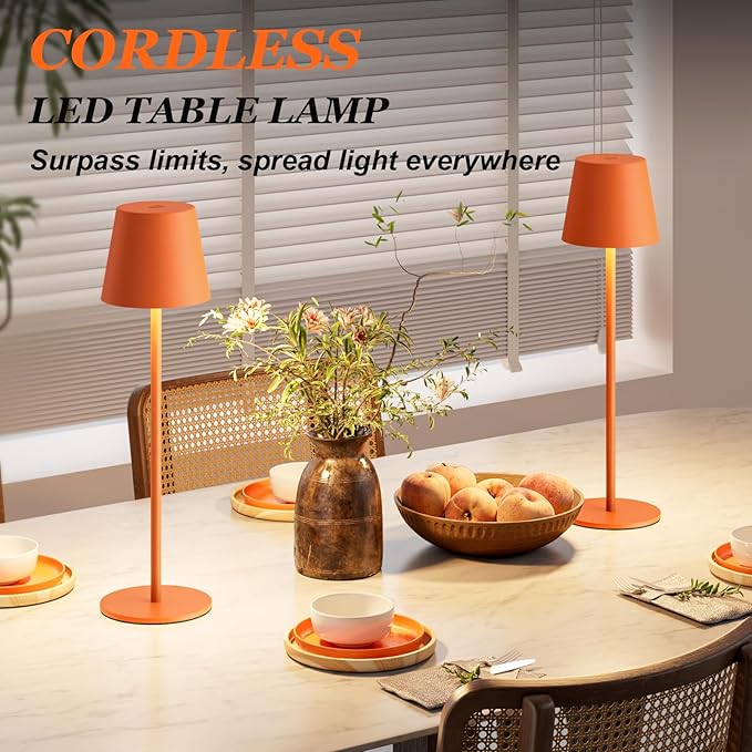 Kakanuo Cordless Table Lamp Rechargeable Orange - KK 2 Pack 5000mAH Battery Operated Lamp for Counter, 3 Color Stepless Dimming Wireless Lamp for Dining Kitchen, Outdoor Patio, Touch Control