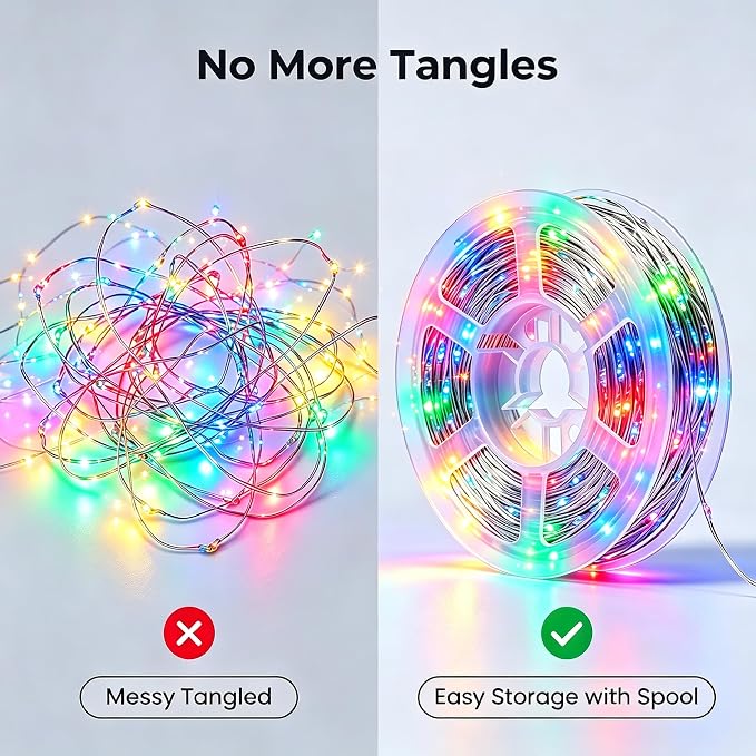 2 Pack Battery Operated LED Fairy Lights with Remote, 33ft 100LED Multicolor Twinkle Lights, Waterproof String Lights for Bedroom with Reel for Wedding Party Christmas Decor